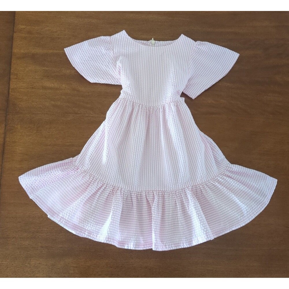 Mini Boden Girls Pink Striped Seersucker Hotchpotch Tiered Lined Dress size 7/8